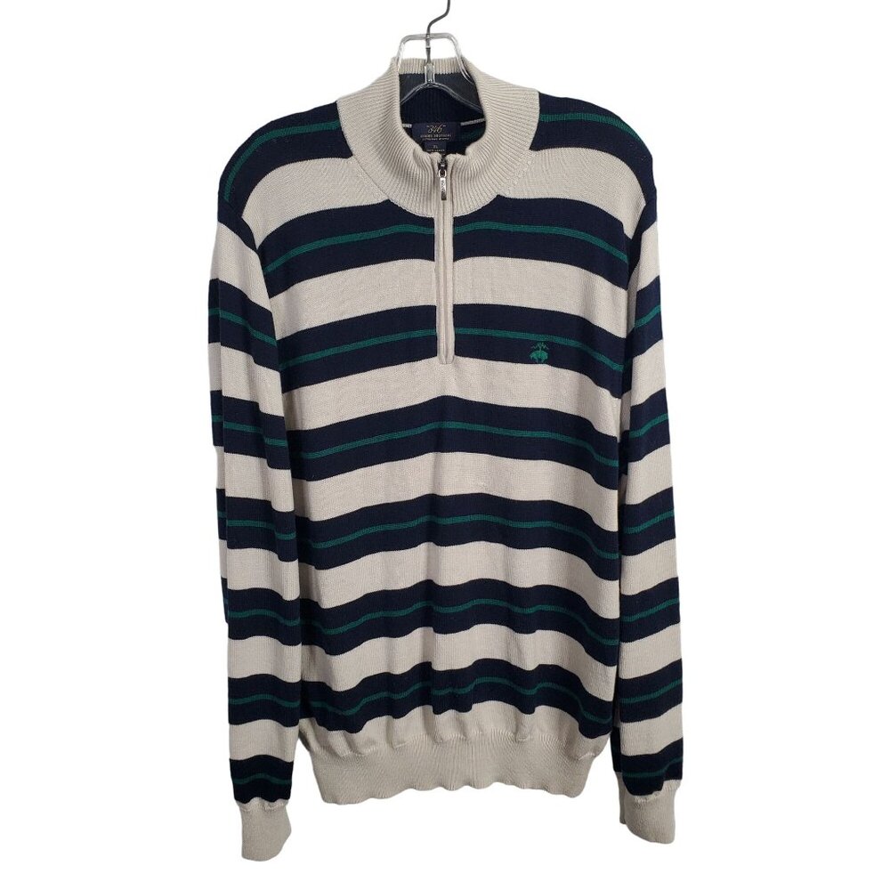 Brooks Brothers 346 Mens Size XL Sweater Merino Wool Striped Half-Zip Beige Navy - Picture 2 of 10